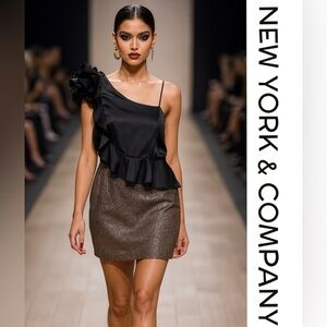 One-Shoulder Ruffle Sparkle Party Dress Black & Gold Metallic Mini Feminine